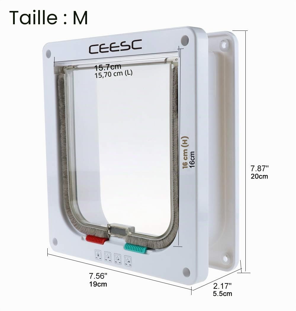 CEESC Chatière pour Chat, Chatière Verrouillable à 4 Voies pour Chat, Petit Chien, Facile à Installer et à Utiliser(M,Blanc)