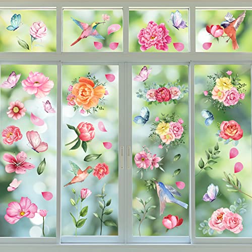 Image of 79 PCS Spring Window Clings,Spring Flower Window Clings for Glass Windows,Double-Sided Birds Floral Butterfly Window Stickers for Spring Decor (9 Sheets)