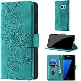 Handyhülle für Samsung Galaxy S7 Hülle Klappbar Premium PU Lederhülle Klapphülle【RFID Schutz】 Kartenfach Standfunktion Leder Prägung Schutzhülle Flip Hülle Tasche Cover, Türkis