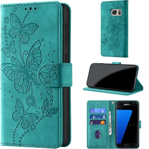 Handyhülle für Samsung Galaxy S7 Hülle Klappbar Premium PU Lederhülle Klapphülle【RFID Schutz】 Kartenfach Standfunktion Leder Prägung Schutzhülle Flip Hülle Tasche Cover, Türkis