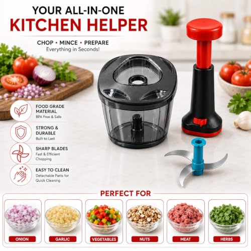 Image of TheXpert Chopper for Kitchen Use, Vegetable Chopper 750ml with 3 Blades | Vegetable chopper for kitchen with 3 sharp stainless steel blades for quick and even cutting