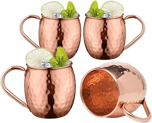 BOLD & DIVINE Auténticas tazas de cobre Moscow Mule  Juego de 4 (16 onzas)  Juego de tazas de cobre 100% sólido con 4 pajitas, 1 vaso de chupito, 1