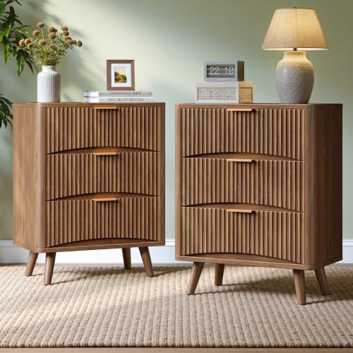 Image of Evermagin 29 inch Tall Fluted Nightstand Set of 2 with 3 Drawers | Walnut Night Stand, Wooden Bedside Table, Mid Century Modern Side Table for Bedroom, livingroom