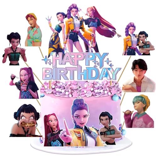 Décoration gâteau K-pop anniversaire enfant – Kit 11 pièces demon hunters avec 1 topper “Happy Birthday” et 10 toppers cupcakes, cartoon cake decorations pour filles et garçons, décor de fête moderne