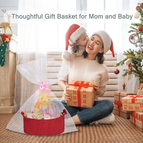 Image of COMSE Small Gift Basket Empty with Bag & Ribbons, Solid Red