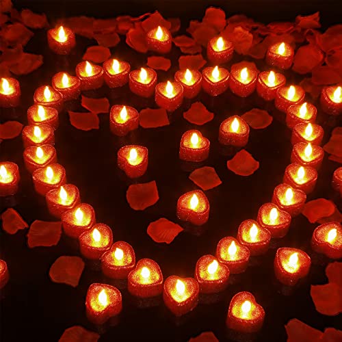 48 Stück Romantische Herz LED Kerzen mit 1000 Stück künstlichen Rosenblüten flammenlose flackernde Kerze Batteriebetriebene Teelichter für Valentinstag Hochzeit Jahrestag Marry Me Dekor (Glitzer) Cover
