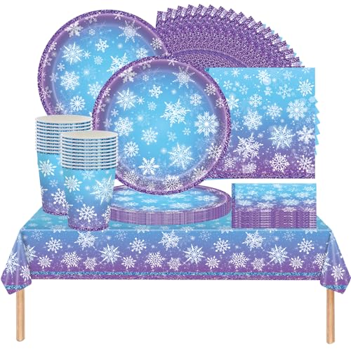 YINcrinx 61 pièces de vaisselle d'anniversaire sur le thème des flocons de neige, vaisselle d'anniversaire pour enfants, décorations de fête sur le thème de Frozen, fêtes d'enfants, mariages