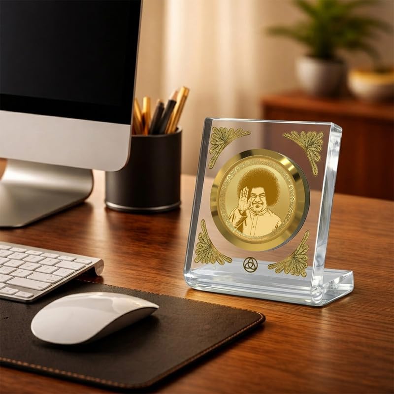 Image of DIVINITI 24K Gold Plated Satya Sai Baba Acrylic Frame for Car Dashboard, Home Temple & Office Table | Premium Spiritual Gift, Blessings for Protection & Positivity, 8x7 cm Decorative Showpiece