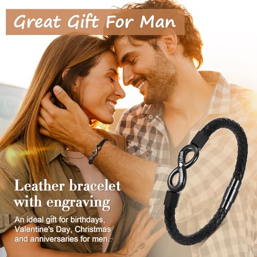 Personalized Leather Bracelet for Men - Custom Name Infinity Bracelets,Hypoallergenic Stainless Steel Braided Engraved ID Wristband,Trendy Black Jewelry to My Man Gifts for Birthday Anniversary2