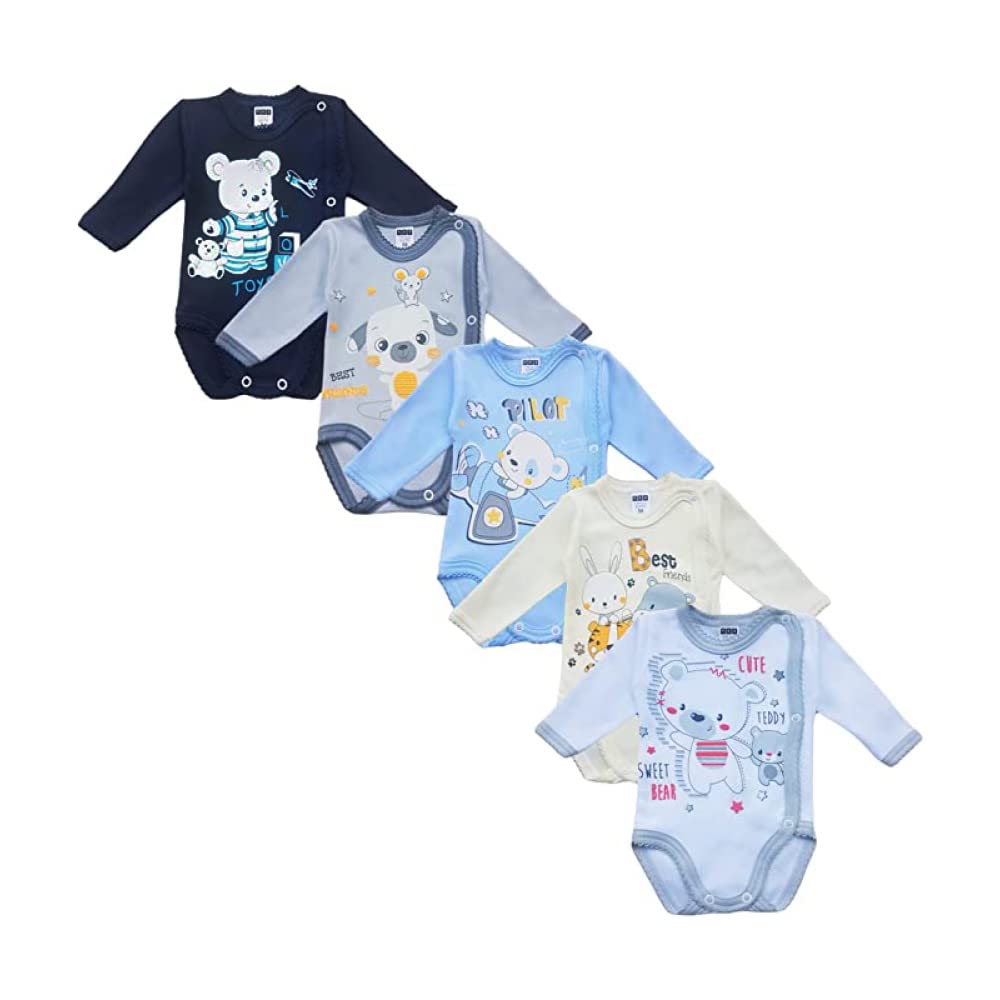 MEA BABY body de bebé unisex cruzado de manga larga 100% algodón, juego de 5, con estampado para niñas y niños (62, niño3)