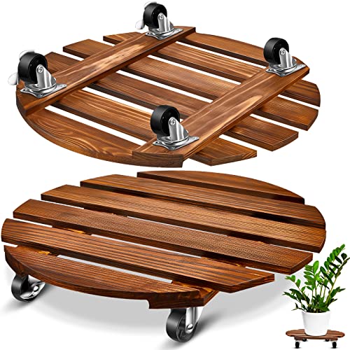 2 Pack 16 Inch Wooden Plant Stand With Lockable Wheels 220 Lbs Heavy Duty Rolling Plant Stand Plant Roller With Casters Strong Plant Roller Dolly Base For Outdoor Indoor Large Flower (Round) #TOP12
