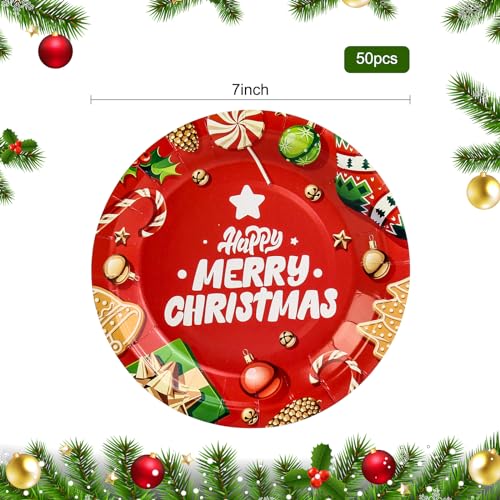 50 Pack Christmas Paper Plates - 7 inch Red Disposable Plates for Christmas Party Supplies – Image 3