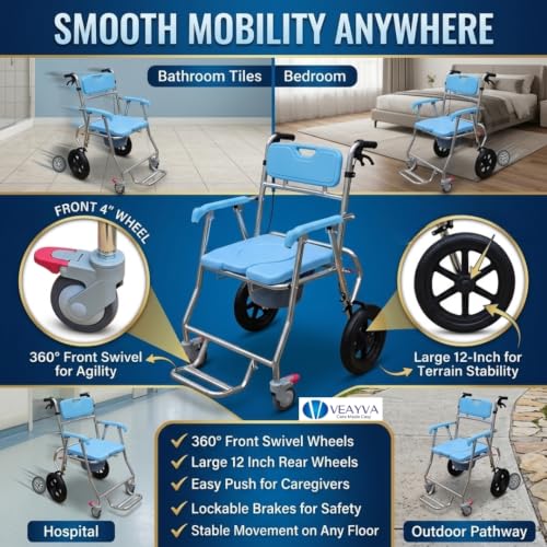 Image of VEAYVA Premium Shower Commode Wheelchair for Adults & Elderly | 3-in-1 Foldable Reclining Aluminium Wheelchair | 12 Inch PVC Rear Wheels with Hand Brakes | Fully Waterproof | Lockable Front Wheels | Bedside Commode & Shower Chair (12 INCH)