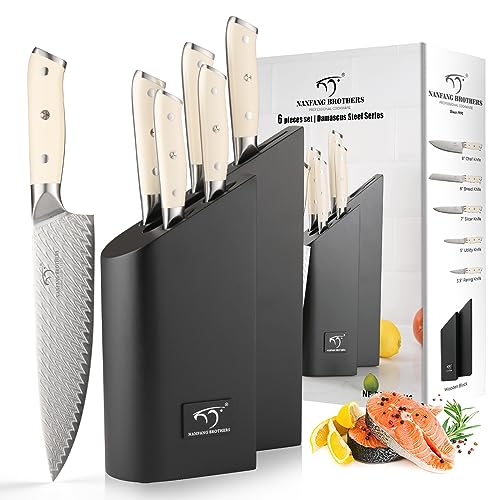 NANFANG BROTHERS Damascus Chef's Knife Block Set - 6-Piece VG10 Stainless Steel Kitchen Knife Set with ABS Ergonomic Handles, Sharp Carving & Slicing Knives for Meat, Vegetables & Prep,Luxury Gift Box