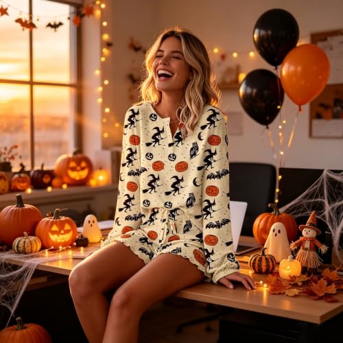 Image of Roshop Halloween Pajama Women's Pumpkin Matching Top & Shorts Loungewear Set
