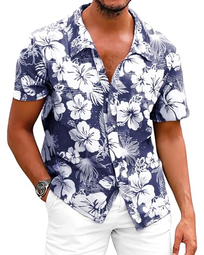 Fastkoala Homem havaiana camisa de praia Tropicale camisas florais tops férias casual algodão linho Button Down, MARINHO, XL