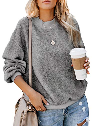 Fashion 2019 Pullover Sweatshirts for Women Fleece Loose Solid Color Crewneck Long Sleeve Winter Tops Outerwear Grey Large