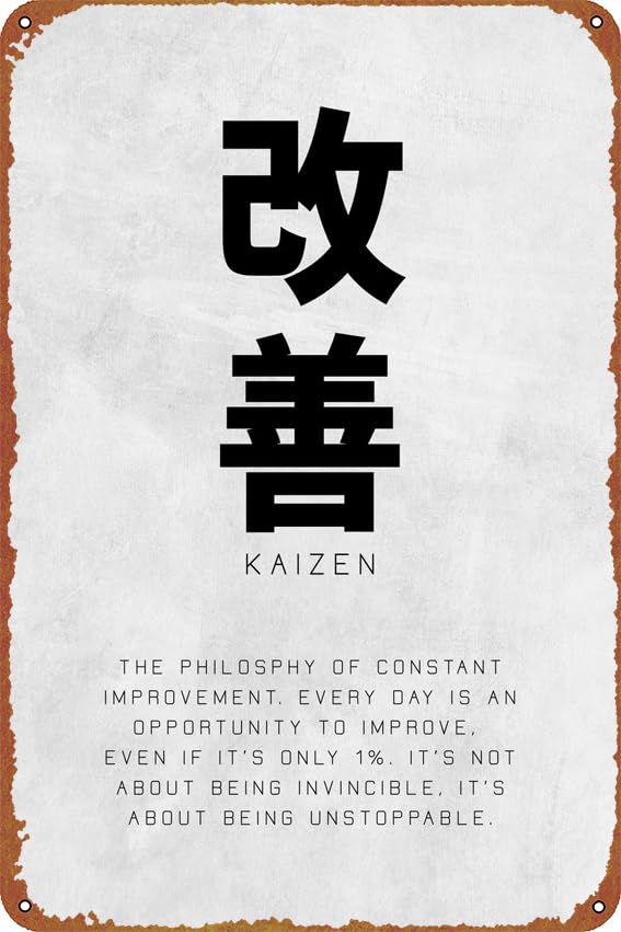 Kaizen Text Japanese Art Self-Improvement Posters Tin Signs Retro Metal Movie Tins for Bar Pub Home Cafes Wall Decor, 8X12 Inch (20X30 CM)