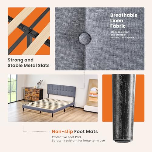 Sweetcrispy King Size Bed Frame - Fabric Upholstered Platform Bed with Headboard, 800LBS Sturdy Wooden Slats Support, No Box Spring Needed, Noise Free, Easy Assembly, Grey