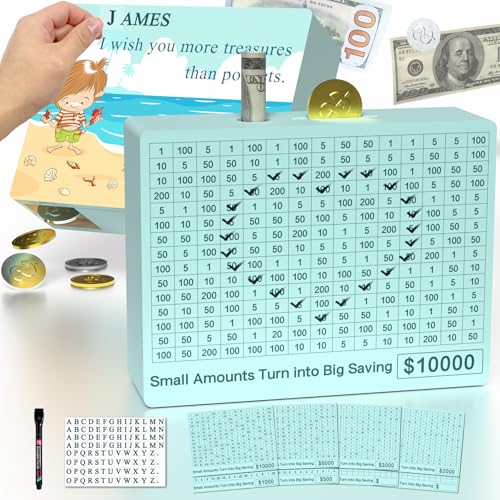 Image of Wooden Reusable Savings Box with 6 Target Sheets($500-10,000), Non-Toxic Nature Wood, Wooden Money Saving Box with Personalized Name,10000 Savings Challenge Box for Cash Box-Green