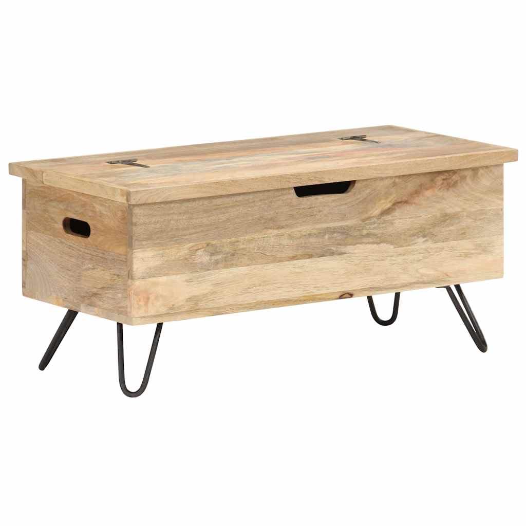 Baúl de madera maciza de mango con patas de acero, 90 x 40 x 45 cm, caja de almacenamiento con tapa, banco para pasillo, salón, dormitorio, habitación infantil, orden y espacio de