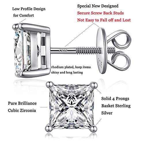925 Sterling Silver Stud Earrings with Flat Screw Back, Round Cut/Square Cut Cubic Zirconia Hypoallergenic Stud Earrings for Women Men, Long & Thick Post, 4MM-8MM4