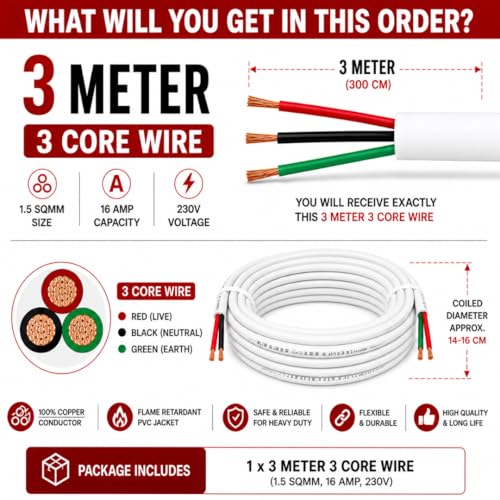 Image of Hi-Plasst 1.5 mm 3 Core Copper Cable Wire 3m | Flexible PVC Insulated Electrical Cable for Appliances & Wiring