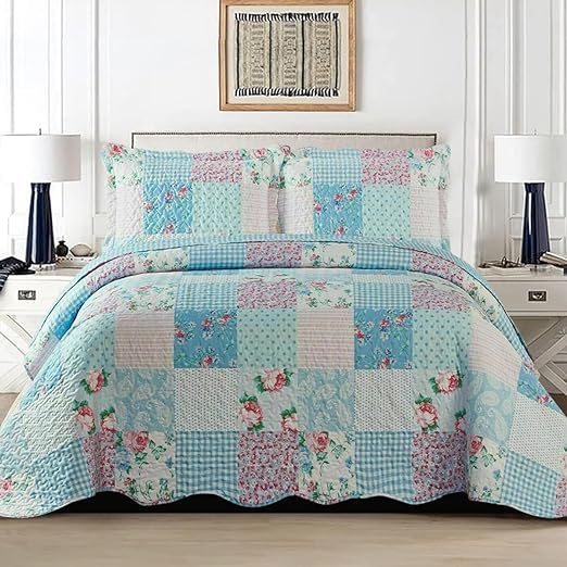 3 PCS Patchwork Bedspread Quilted Bed Throw Single Double King Size Bedding Set (Floral Blue, Single)