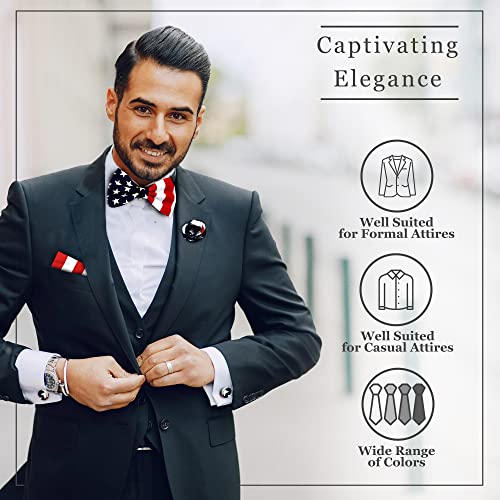 Oliver George - 5Pc Men’s Gift Box Set, Formal Necktie, Bow Tie, Lapel Pin, Cufflinks And Handkerchief For Suit Or Tuxedo Vest, Matching Tie Set For Weddings And Special Gatherings, American Flag #TOP4
