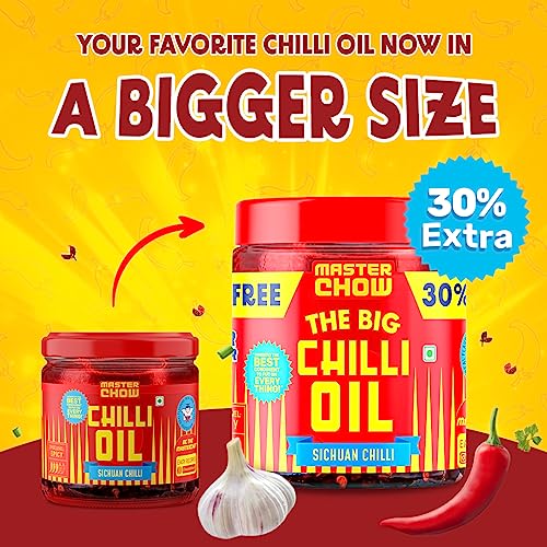 Image of MasterChow Chilli Oil Spicy Sichuan Chilli Oil (450gms) - 30% Extra | Made with Sichuan Peppercorns, Crunchy Garlic & Red Chillies