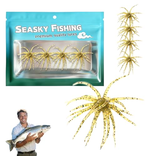 4Pcs Dice Bait Floating TPR Swimbait with Reflective Stars Tentacle Creature Lure Sea Urchin Style Soft Plastic Baits for Bass Fishing Drop Shot Wacky Rig/Neko Rig and Finesse Slow Sinking