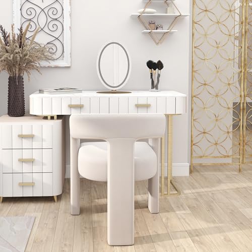 Image of HNY Modern Barrel Kitchen & Dining Room Chair, Velvet Upholstered Accent Chair with Arm, 18.5'' Wide Side Armchair Vanity Chair for Living Room Bedroom Makeup Small Spaces, Ivory