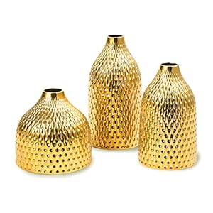 Ceramic Vase Set – 3 Small Vases, Luxurious Home Decor, Great for Centerpieces; Ideal Shelf Décor, Table Décor, Bookshelf, Mantle, Entryway- Gold