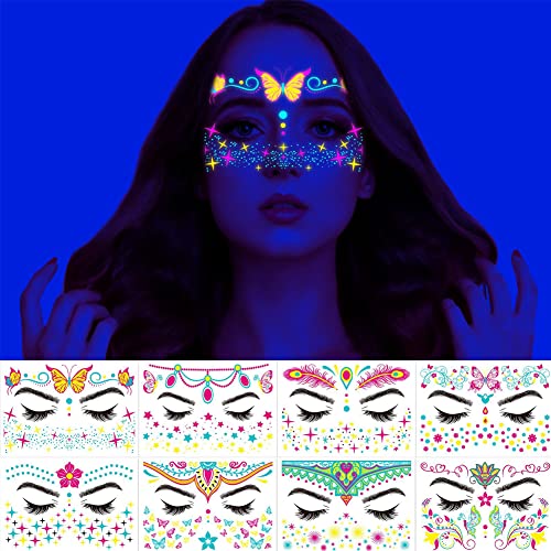 Neon Face Temporary Tattoo,8 Sheet Glow in the Dark UV Neon Face Tattoo Flash Fake Butterflies Waterproof Tattoos Stickers for Festival Makeup Rave Accessories - Image 4