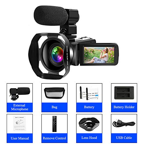 Video Camera 4K 48MP 18X Digital Camera WiFi Video Camera for YouTube IR Night Vision Camcorder 360°Wireless Remote Control Vlogging Camera with External Microphone
