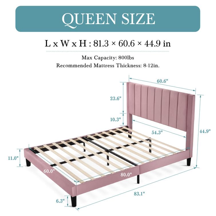 Image of HITHOS Modern Upholstered Queen Size Bed with Wingback Headboard | Wooden Double Bed Cot Palang Without Storage for Living Room Bedroom Home (Pink) 1 Year Warranty