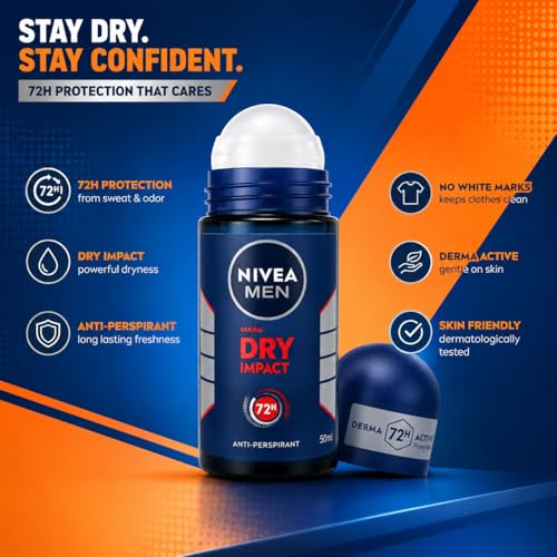 Image of Nivea Men Dry Impact 72H Anti-Perspirant Roll-On 50ml | Powerful Sweat Control & Odor Defense | Fresh Masculine Fragrance Daily Deodorant for Men