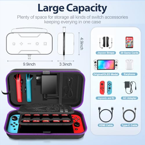 Image of Switch Case Compatible with Nintendo Switch /OLED Model, Large Switch Carry Case for Joycon and EU Power Supply, Hard Switch OLED Case with Storage for 20 Switch Games & Switch Accessories, Purple