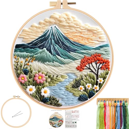 Image of FONNUY Embroidery Kit for Beginners, Flower Hill Nature Landscape Pre-Stamped Pattern Kits for Adults with Hoop, Easy to Follow Color Thread Needlework, 8'' Hoop (Blue)