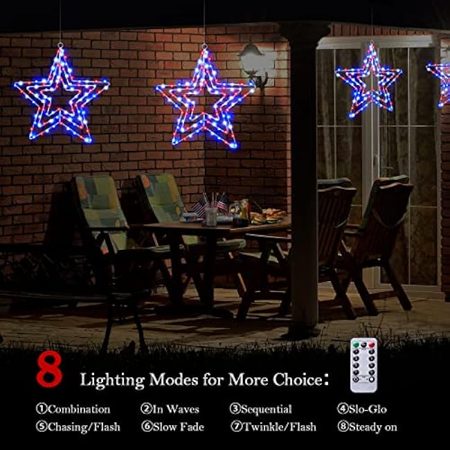 BlcTec 4th of July Decorations 3 Layers of 14inch Red White Blue Big Stars with Rotatable Function, Durable Metal Frame Patriotic Stars Lights with Remote, 8 Modes & Timer for July 4th Decor, 2 Packs