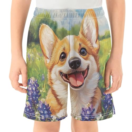 DOMIKING Corgi Lupines Green Kids Shorts Pull-on Boys Shorts with Elastic Waist Casual Athletic Pants for Playwear Summer2