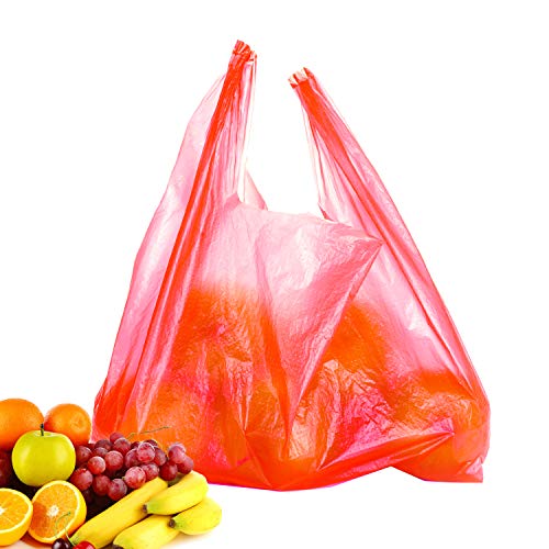 Lazyme T Shirt Bags, Red Plastic Bags With Handles Bulk, Bolsas De Plastico Para Negocio, Grocery Bags Retail Shopping Bags Merchandise Bags For Supermarket Restaurant, 12X20Inch (100Pcs) #TOP5