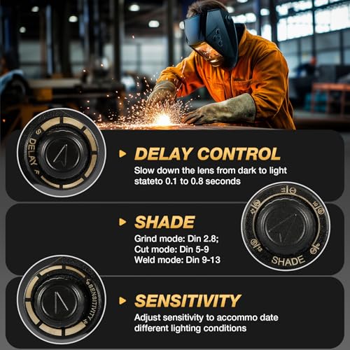 Image of High-Definition Welding Helmet Auto Darkening with a View Like Sunglasses- 180 View 4 inchX4 inch Screen with Solar Power, 4 Arc Sensors 3 /5-9 /9-13 Shade for TIG MIG Grinding, Lightweight & Durable