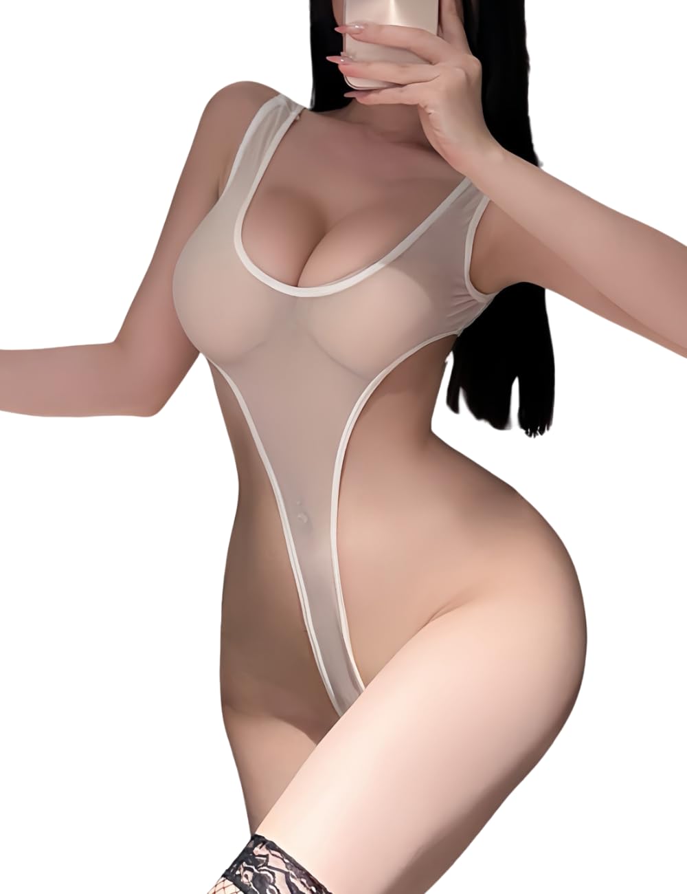 SNOMYRS Women Sexy See-Through High Cut Bodysuit Thong Leotard Sleeveless Lingerie One-Piece Mesh Bikini Valentine Custumes