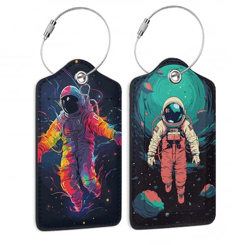 Set of 2 Luggage Tags for Suitcases, Leather Astronauts in Space Baggage Tags with Stainless Steel Loop, Privacy Name ID Card Cover Kawaii Travel Labels for Women Men Kids Girls