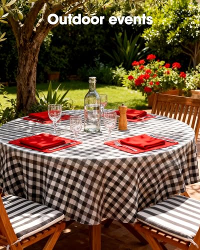 Image of Pureegg Plastic Table Cloth Disposable 10 Pack, 84'' Round Table Cloths, Party, Picnic, Decorative Gingham Tablecloths, Round, Red and White Checkered Cover, Leakproof & Sturdy, Red Plaid