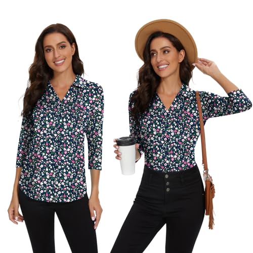 Image of Soneven Womens Golf Polo Shirts 3 /4 Long Sleeve V Neck Button Down Shirts Business Causal Work Blouses Tops