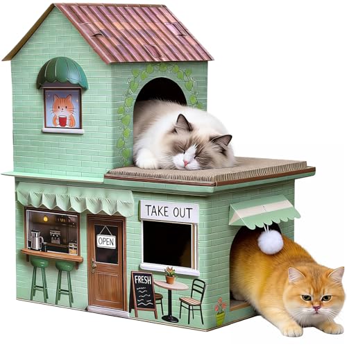 Cardboard Cat Scratcher House Double Layer Coffee Shop Design Sage Green 5-Layer Corrugated Window Cutouts 4 Scratching Boards Plush Ball & Catnip Indoor Multi Cat House for Cats up to 20 lbs