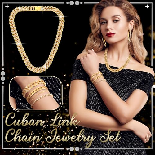 Yinkin 6 Pcs Link Chain jewelry sets for Woman with Rhinestone Necklace Bracelet Earrings Bling Diamond chunky Chain Jewelry2