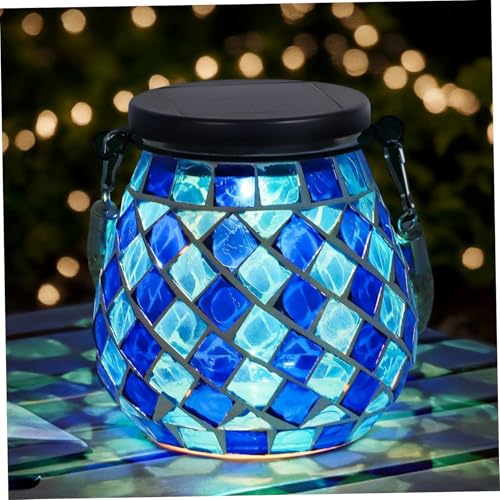 Lanterne solaire mosaïque pour table de terrasse extérieure en verre bleu